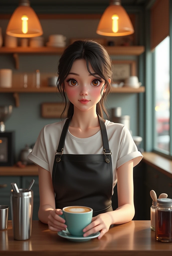 a barista girl working at a cafe counter, beautiful detailed eyes, beautiful detailed lips, extremely detailed eyes and face, longeyelashes, apron, interacting with customers, reflective counter surface, cafe interior and patrons subtly reflected, (best quality,8k,highres,masterpiece:1.2),ultra-detailed,(realistic,photorealistic,photo-realistic:1.37),HDR,UHD,studio lighting,ultra-fine painting,sharp focus,physically-based rendering,extreme detail description,professional,vivid colors,bokeh,interior,coffee shop,warm lighting,muted colors