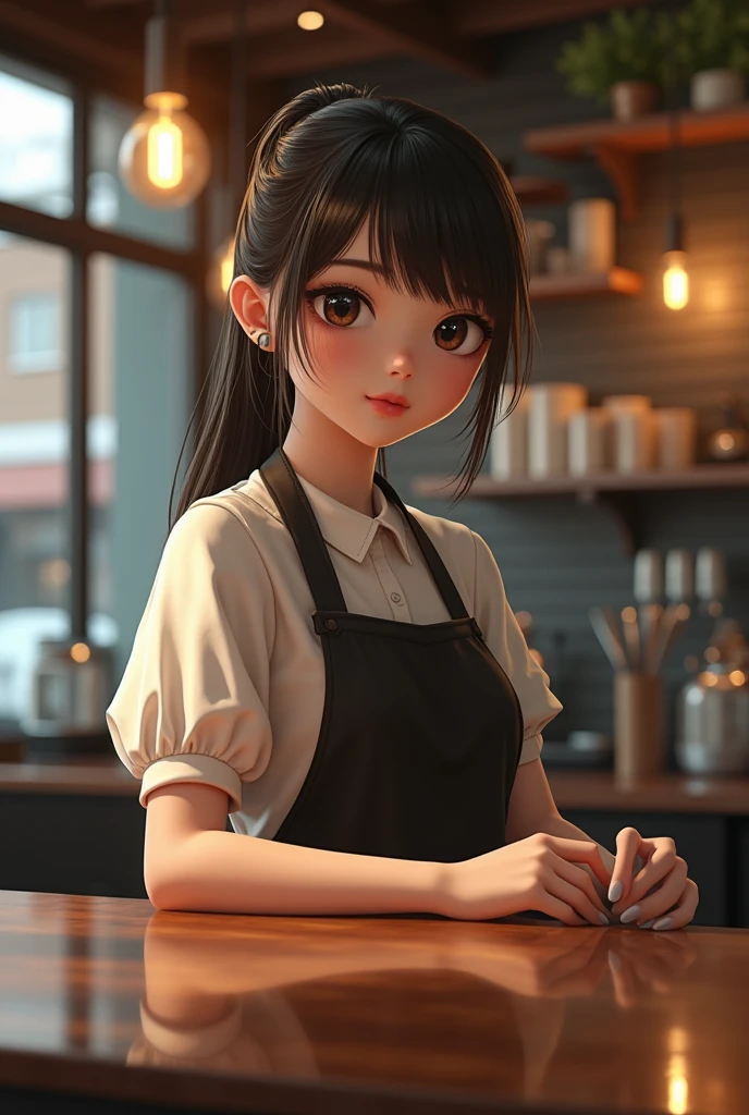 a barista girl working at a cafe counter, beautiful detailed eyes, beautiful detailed lips, extremely detailed eyes and face, longeyelashes, apron, interacting with customers, reflective counter surface, cafe interior and patrons subtly reflected, (best quality,8k,highres,masterpiece:1.2),ultra-detailed,(realistic,photorealistic,photo-realistic:1.37),HDR,UHD,studio lighting,ultra-fine painting,sharp focus,physically-based rendering,extreme detail description,professional,vivid colors,bokeh,interior,coffee shop,warm lighting,muted colors