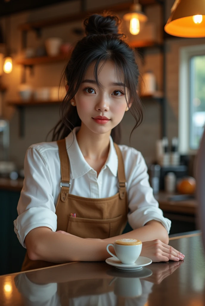 a barista girl working at a cafe counter, beautiful detailed eyes, beautiful detailed lips, extremely detailed eyes and face, longeyelashes, apron, interacting with customers, reflective counter surface, cafe interior and patrons subtly reflected, (best quality,8k,highres,masterpiece:1.2),ultra-detailed,(realistic,photorealistic,photo-realistic:1.37),HDR,UHD,studio lighting,ultra-fine painting,sharp focus,physically-based rendering,extreme detail description,professional,vivid colors,bokeh,interior,coffee shop,warm lighting,muted colors