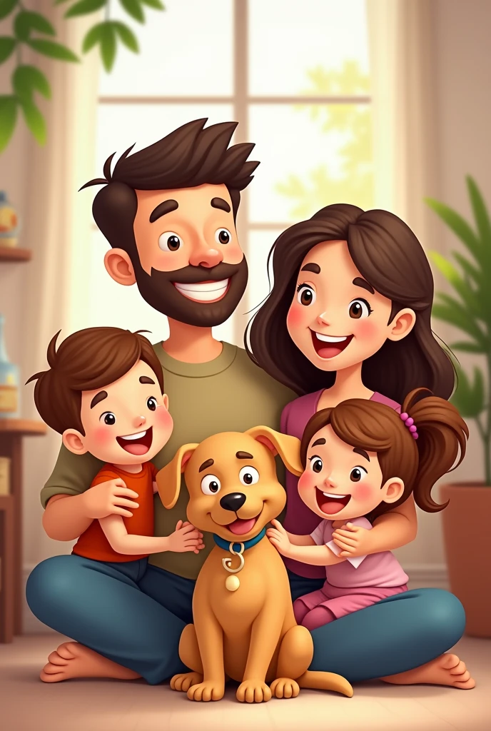 Family cartoon dad without beard, mother, Baby boy, a girl and dog 