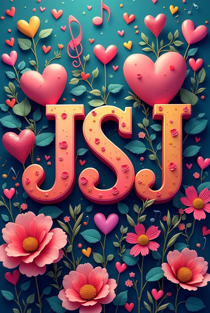 Image of the letters JSJ with musical notes, multi-colored hearts and colorful flowers