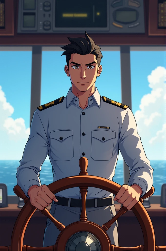 The captain of the ship handsome young black hair gray eyes, man.