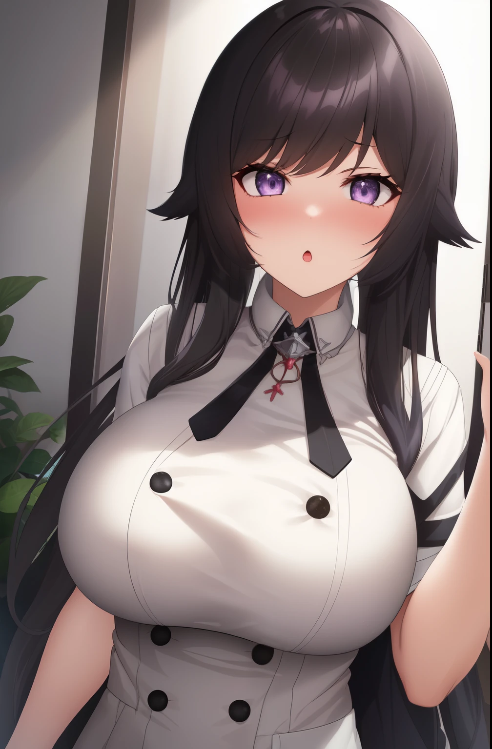 1 girl, ((captura de tela de アニメ)), (large breasted), cute, 2, grown-up, 8k, work of art, absurderes, アニメ, black hair long, Lilac Eyes 