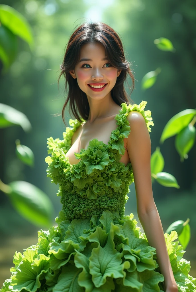 Prompt: full body of a happy Asian woman, a beautiful blue eyes and face, wear a dress made of luttuce and horserdish, big breast, face body view, in a fashion stage, basils floating in the blurred background, high quality, high detail, 8k, hi res
