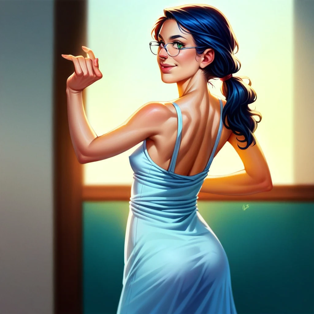 1girl, masterpiece, ((skinny girl, skinny arms)), (()), best quality, realistic face, black and blue hair with bangs and ponytail, large glasses, , , , green eyes, nose ring, chubby cheeks, long nose, low nose, high lips, dark eyebrows, ((trad blue and grey sundress)),  specular sunlight, ((golden hour lighting)), back porch background, dancing pose, big smile