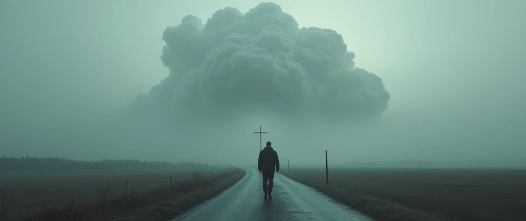 a man walking to the cross on a paved road foggy overcast day with huge cloud in sky