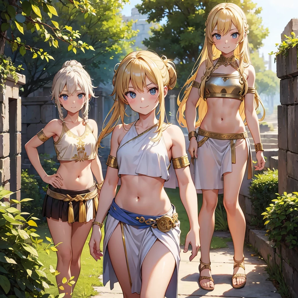 Greek warrior, girls in togas , cover , ancient Greece,muscular body, defined abdomen,, classical Greece , warrior woman, blonde hair ,teen girl , young girls, really young girls, young body, slim body, small chest , smile