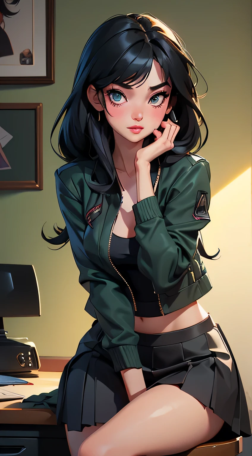 Sexy woman, long black luscious hair, seductive eyes, blushing, parted lips, black tank top, dark green jacket and skirt, sitting on desk, desperate