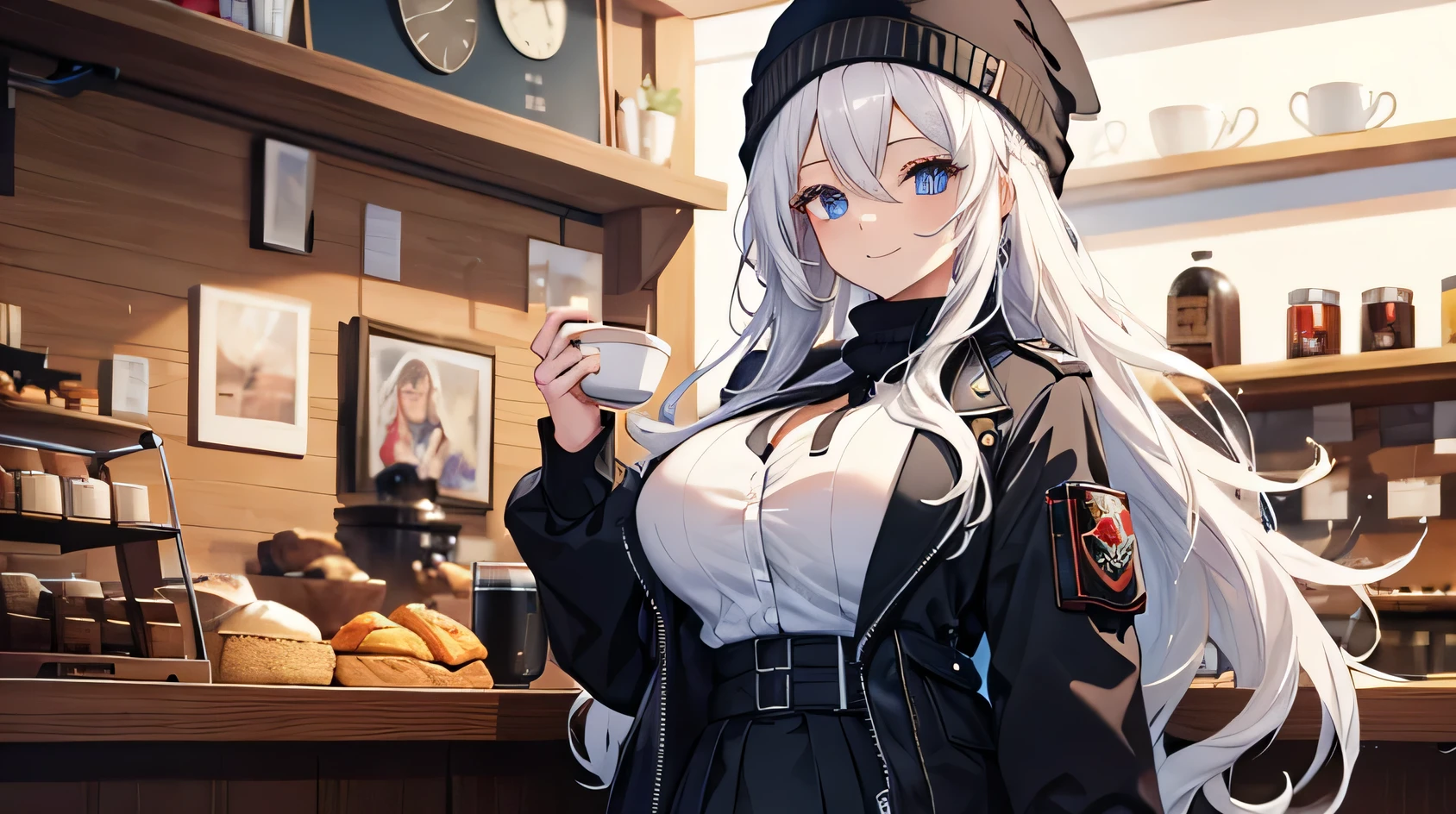masterpiece, high quality, A pretty woman, Long hair, wavy hair, White hair, blue eyes, smiling face, big breasts, juicy breasts, Open shirt, short skirt, black jacket, black beanie hat, background of a coffee shop