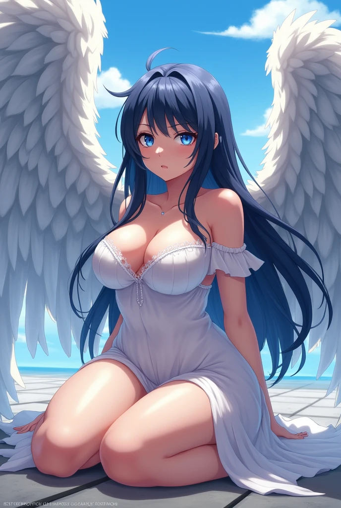 angelic style anime girl,with a voluptuous body and a large bust with a white dress with a low neckline and bare shoulders. Long dark blue hair with a white lock. sky blue eyes and an angry look looking up while sitting on the floor