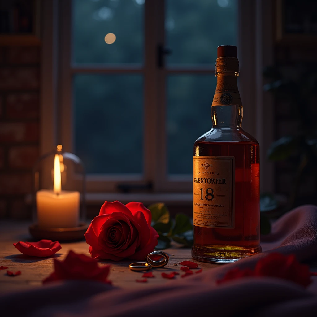 alcohol,ขวดalcohol,Wedding ring,red rose,By the window,night