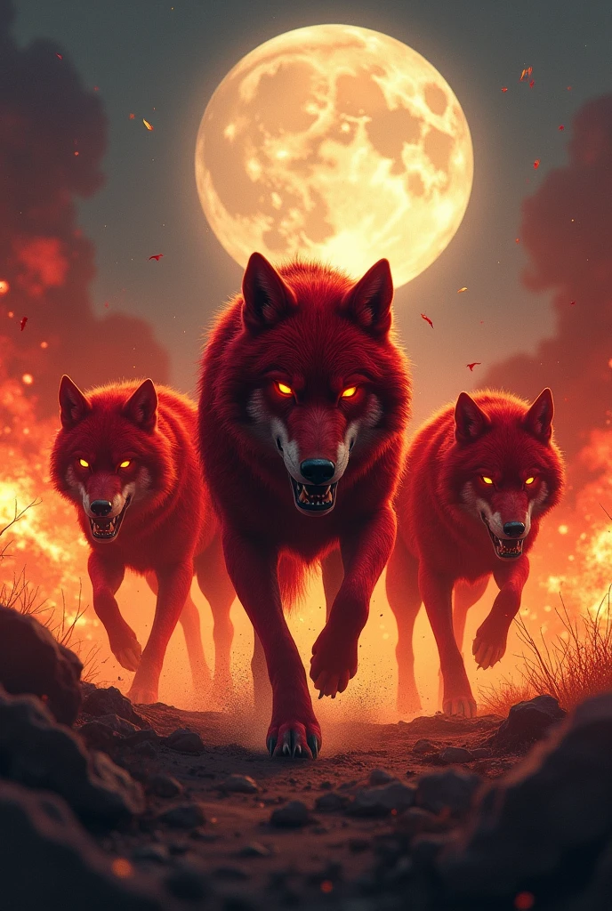 Many red wolves evil pack running lots of fire explosions night moon