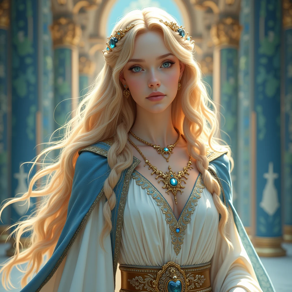 name: Saphira, the Chosen One Physical Description:
Saphira is a young woman of ethereal and striking beauty., with a presence that exudes purity and serenity. She is about 1,70m high, with an elegant and graceful posture that reflects her noble upbringing and spiritual connection. Your skin is as clear as porcelain, with a soft glow that seems to radiate its own light, symbolizing your closeness to the divine.

Saphira&#39;s eyes are a deep blue, Almost crystalline, resembling the pure waters of a sacred lake. They exude a wisdom beyond their years and a sense of compassion that captivates everyone around them.. Her long hair is a radiant gold, falling in gentle waves to the waist. Sometimes, she wears them elaborately braided, adorned with small gems and flowers, symbols of their lineage and devotion.

Their clothing consists of light tunics made of fine fabrics., em tons de branco, sky blue and gold, decorated with intricate embroidery depicting sacred and ancient symbols. She usually wears a stole over her shoulders., with gold-adorned edges, representing her position as the daughter of the high priest and her connection to the temple. Your hands are delicate, often adorned with silver rings and sacred bracelets.

Saphira also carries with her an ancient amulet., passed down from generation to generation in your family, containing a precious stone said to have protective and mystical powers. This amulet is one of the few accessories she never takes off., and is considered a symbol of their heritage and special role within religious traditions.

Personality and Presence:
Saphira is known for her kindness and wisdom, Even though I&#39;m young. She has an aura of tranquility and a soft voice., that calms and inspires those who hear it. Although kind and compassionate, she is also extremely firm in her convictions, not hesitating to make difficult decisions when necessary.

Since small, Saphira was trained in the rituals and teachings of the temple, show