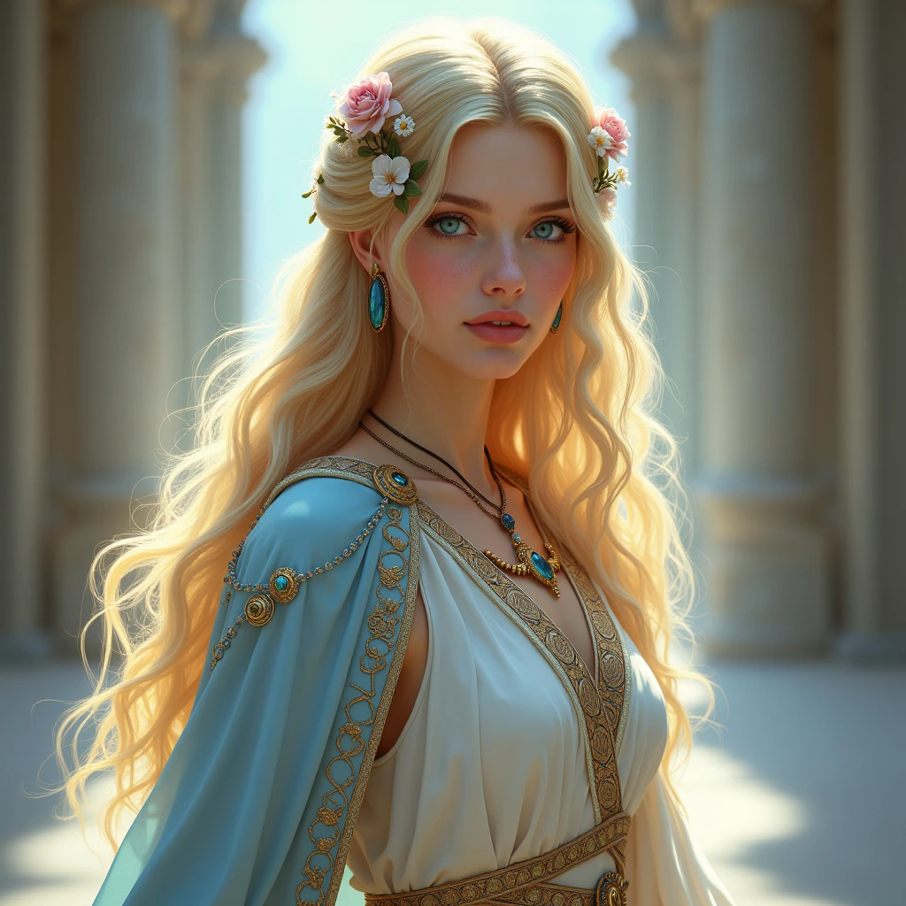 name: Saphira, the Chosen One Physical Description:
Saphira is a young woman of ethereal and striking beauty., with a presence that exudes purity and serenity. She is about 1,70m high, with an elegant and graceful posture that reflects her noble upbringing and spiritual connection. Your skin is as clear as porcelain, with a soft glow that seems to radiate its own light, symbolizing your closeness to the divine.
Saphira's eyes are a deep blue, Almost crystalline, resembling the pure waters of a sacred lake. They exude a wisdom beyond their years and a sense of compassion that captivates everyone around them.. Her long hair is a radiant gold, falling in gentle waves to the waist. Sometimes, she wears them elaborately braided, adorned with small gems and flowers, symbols of their lineage and devotion.
Their clothing consists of light tunics made of fine fabrics., em tons de branco, sky blue and gold, decorated with intricate embroidery depicting sacred and ancient symbols. She usually wears a stole over her shoulders., with gold-adorned edges, representing her position as the daughter of the high priest and her connection to the temple. Your hands are delicate, often adorned with silver rings and sacred bracelets.
Saphira also carries with her an ancient amulet., passed down from generation to generation in your family, containing a precious stone said to have protective and mystical powers. This amulet is one of the few accessories she never takes off., and is considered a symbol of their heritage and special role within religious traditions.
Personality and Presence:
Saphira is known for her kindness and wisdom, Even though I'm young. She has an aura of tranquility and a soft voice., that calms and inspires those who hear it. Although kind and compassionate, she is also extremely firm in her convictions, not hesitating to make difficult decisions when necessary.
Since small, Saphira was trained in the rituals and teachings of the temple, show