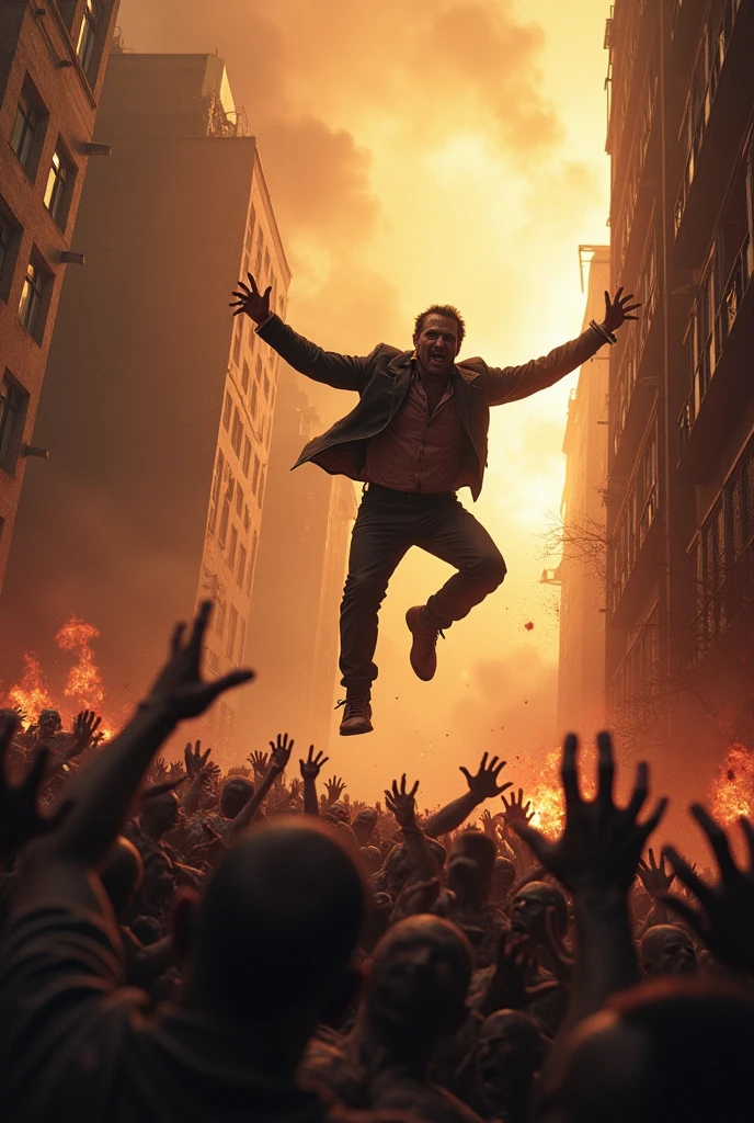 a man trying to jump from the burning building while chase by many zombies