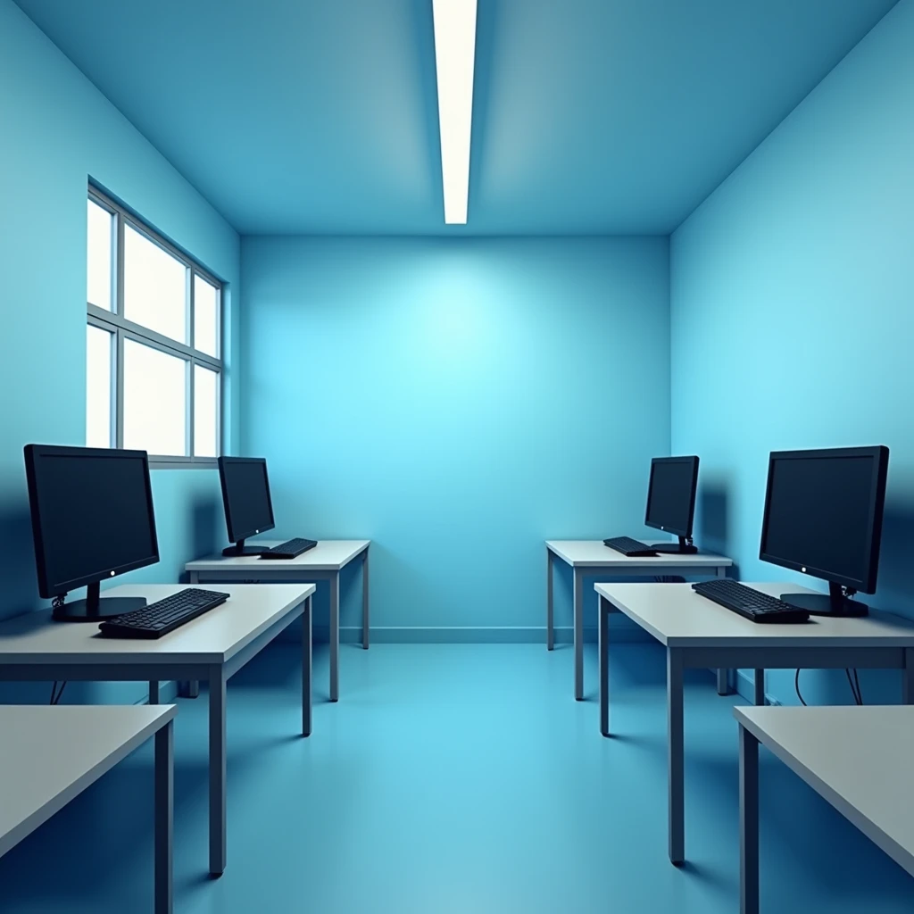 empty computer training class 5 computers are there. small classroom, windows computers, moderate classroom interior window only left wall and tube light, 5 computers are in the classroom. room color is blue