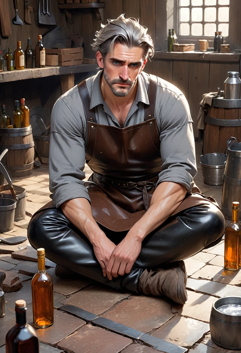 Sad, Average appearance, rectangular face, slightly pointed chin, rounded jaw, bottles of booze on the floor, sitting on the floor, messy hair, streak of gray hair, slicked back hair, short beard, Simple tunic, leather trousers, Blacksmith's apron, fit but not too muscular build from being a blacksmith