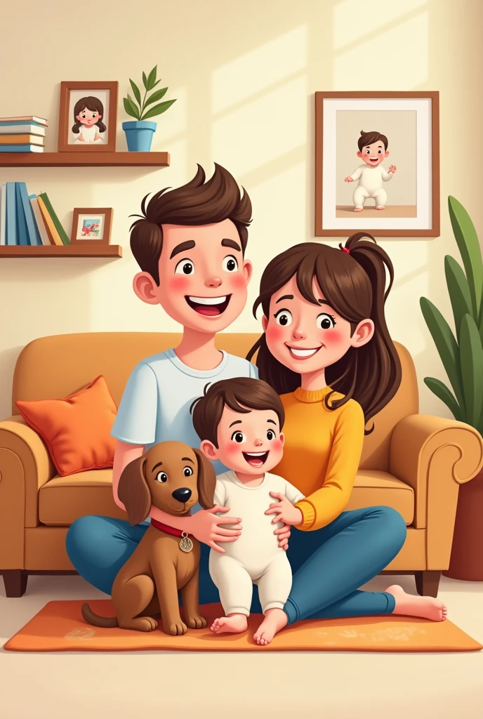 Family cartoon dad without beard, mother,  baby boy, a girl and dog 