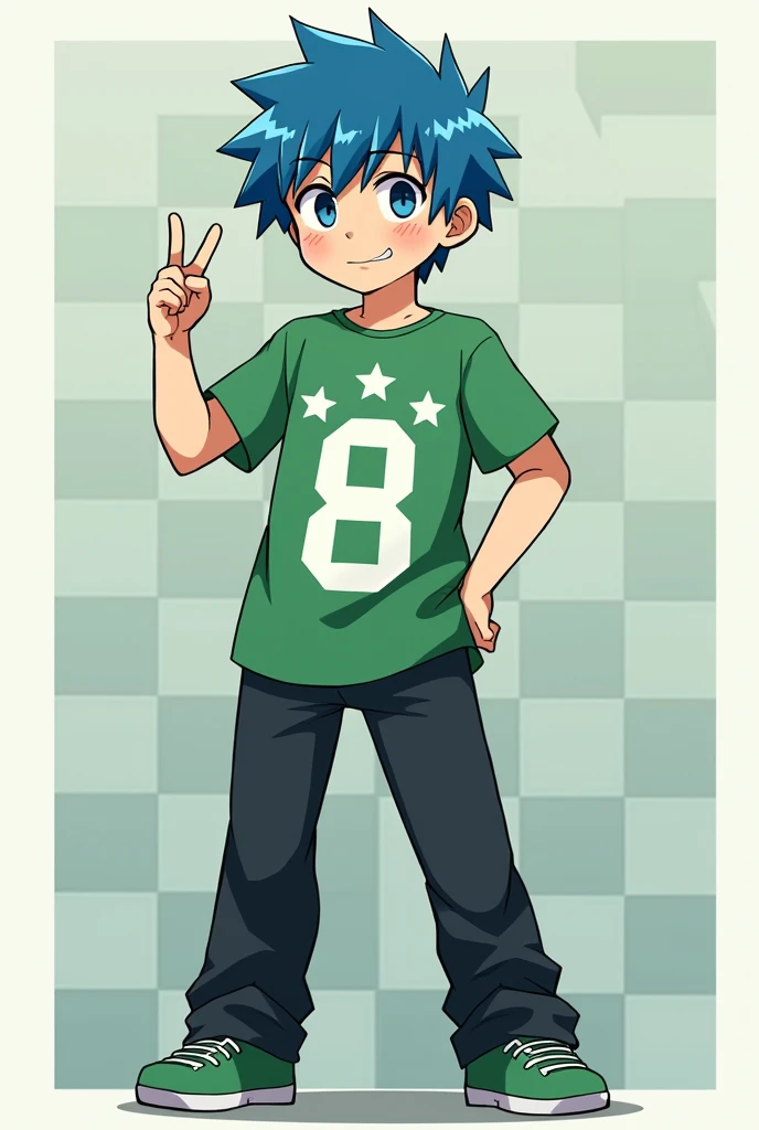 Male anime character, Caucasian skin, hair blue, green shirt with a white eight in the middle and two white stars above the eight, black pants, green shoe, minecraft style, posing for a photo to make it square