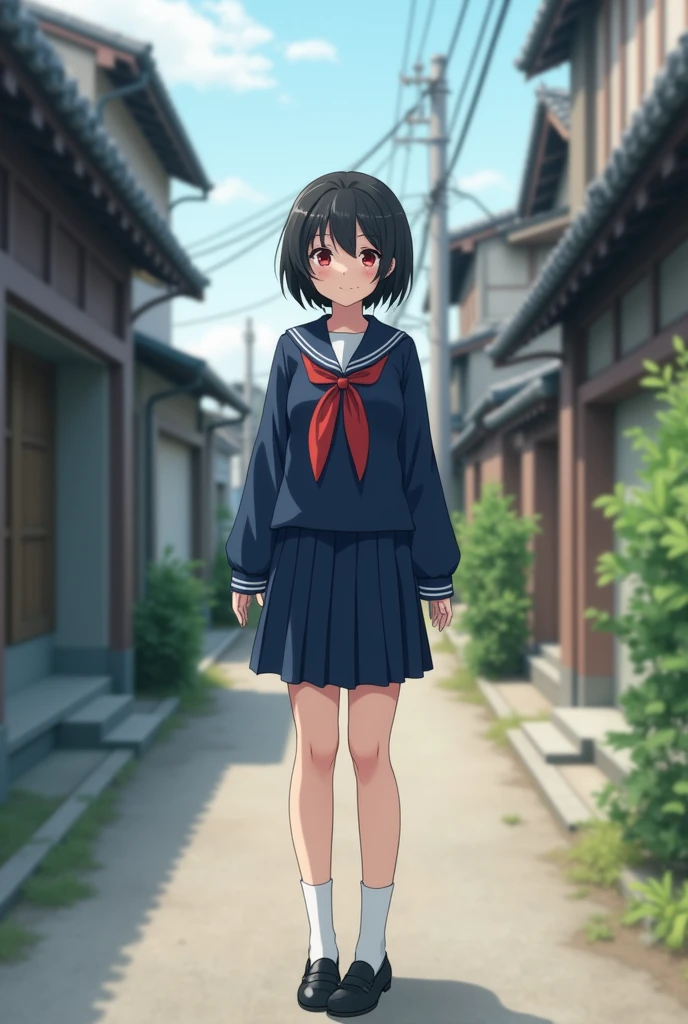 Standing in an empty alley in rural Japan、high school girl、Black short hair、Navy long-sleeved sailor suit、skirt,Deep red eyes、barefoot、Cool smile、Full body portrait,Black Loafers,White socks