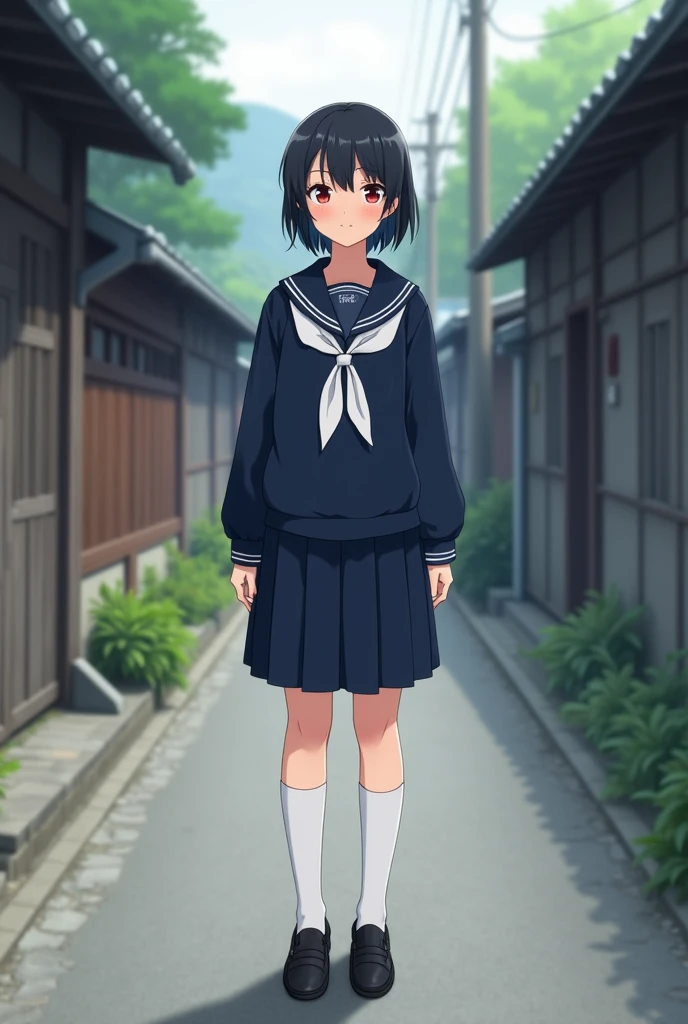 Standing in an empty alley in rural Japan、high school girl、Black short hair、Navy long-sleeved sailor suit、skirt,Deep red eyes、barefoot、Cool smile、Full body portrait,Black Loafers,White socks