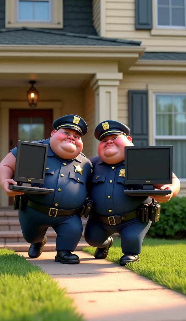 Im Stil von Pixar 3D-Animation filmen. Obese police officers carry computer monitors out of a house.