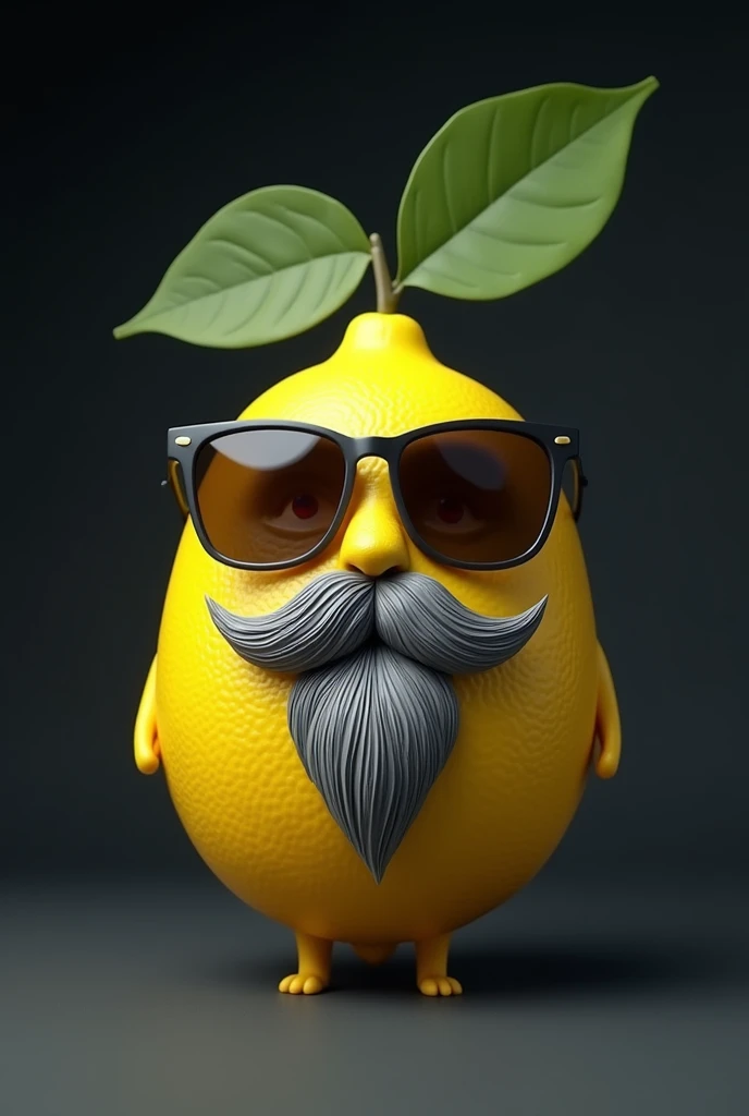 Create a lemon character with glasses and a beard. The lemon should have a unique appearance, with a stylish, well-groomed gray beard that complements his look. Add a pair of sunglasses that enhance your personality, perhaps with a sleek or modern frame. Hair must be well defined, fitting naturally into the shape of the lemon, with a cut that conveys style and maturity. Keep the lemon's yellow color vibrant, but with details that show your character and personality. The background can be simple and dark, with a focus on the character to highlight its distinctive features.