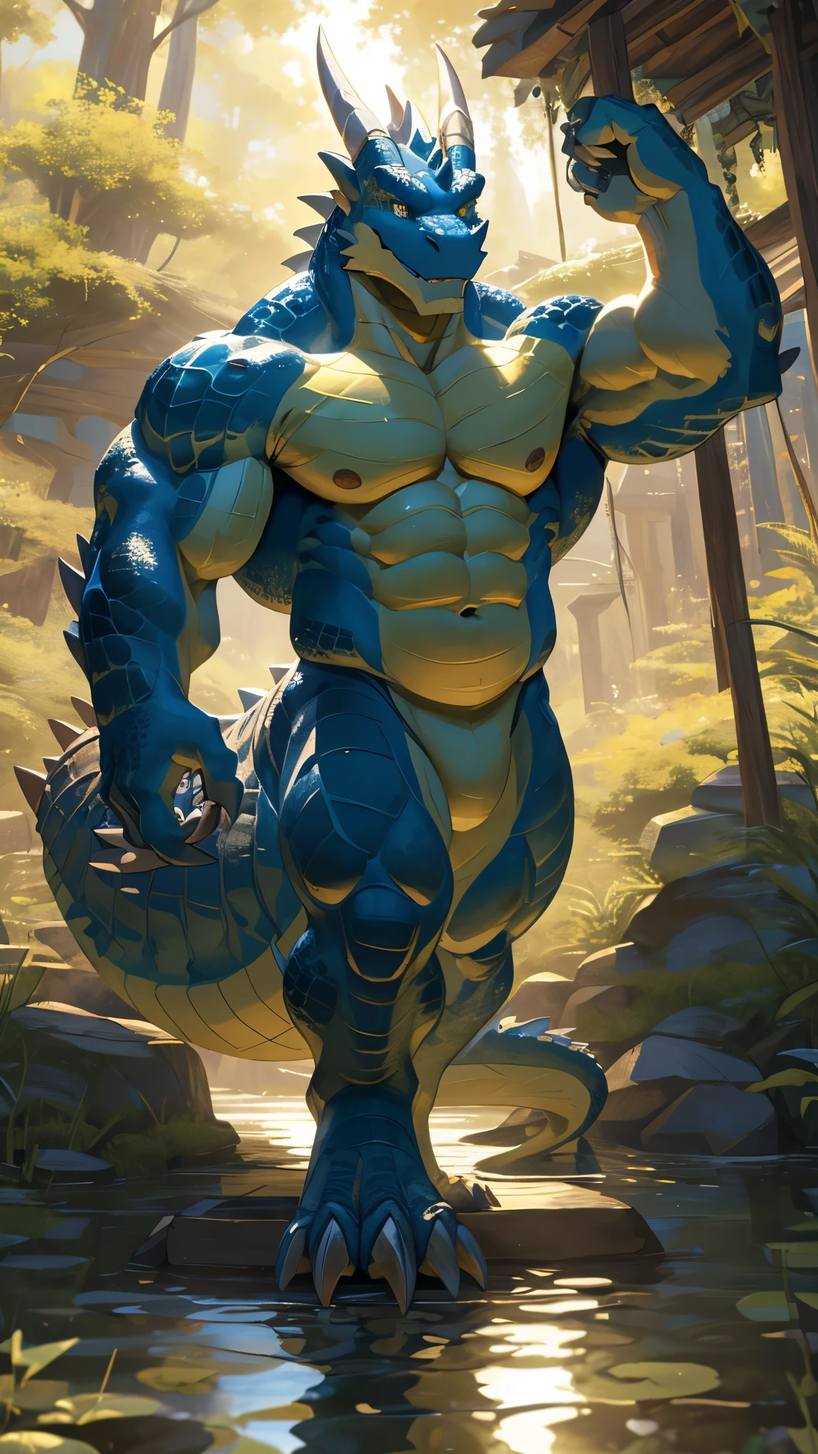 solo, anrhro, naked, male,lizardman,((reptile)), (dragon), ((abdomen)),((abdomen muscle)), blue body, ((beautiful eyes)) , golden eyes, perfect eyes, ((big eyes)), (best quality),(4k),(ultra-detailed), staying, fat abs, (huge tail),(masterpiece), teeth, (huge feet), (fat tail), (big muscles), (muscular:1.8), handsome, (toe claws), (big claws), Game cg, (8k), realistic, (fat:0.5), strong, (huge head:1.5), bright scene, outdoorswamp,((rasing head)), lift up head, (claw hands), (big mouth)