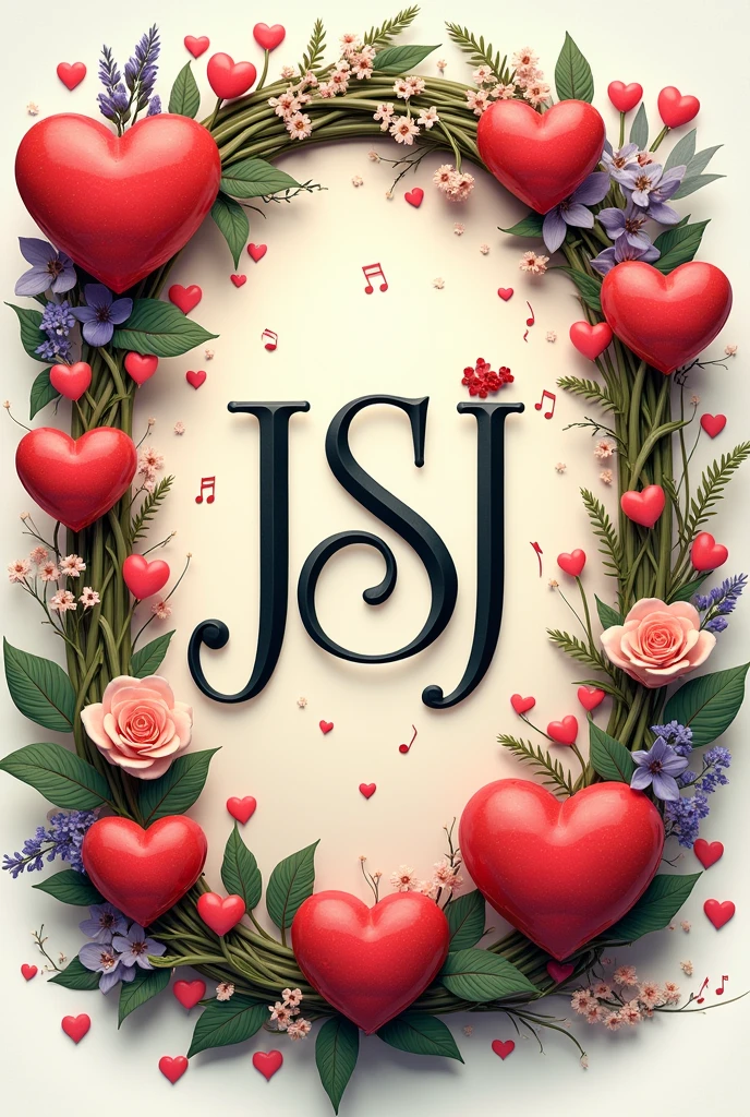 Image of the letters JSJ with musical notes, multi-colored hearts and colorful flowers in an elegant frame