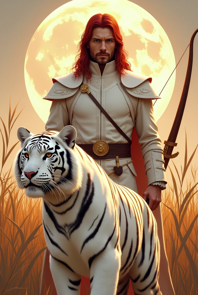 Beautiful male ranger long dark red hair short stubble light white leather armour longbow resting in high grass white tiger harvest moon art deco style