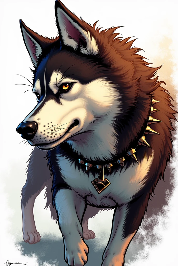 Siberian Husky with alert expression adult and furry, dark brown coat with dark brown eyes and collar with spikes, no back ground, image made in dc comics art