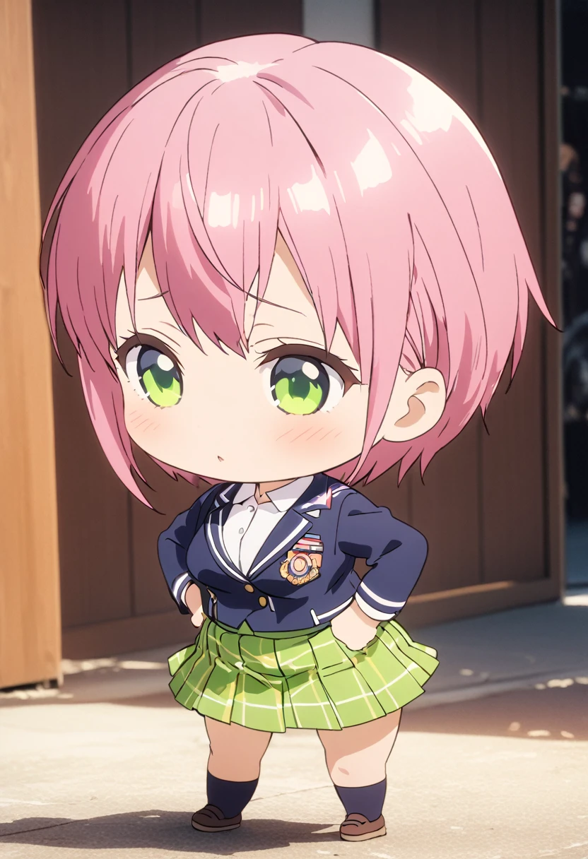 (Highest quality, 4K, 8k, High resolution, masterpiece:1.2), Very detailed, Picturesque, Animated Photography, Photo Animation:1.37)、FIVE Japanese schoolgirl、(Pink Hair)、(short hair)、(chibi:1.4),white shirt、Yellow-green checkered skirt,(high scool uniform:1.2)、navy blue jacket、standing、Full body photography、Nakano ichika