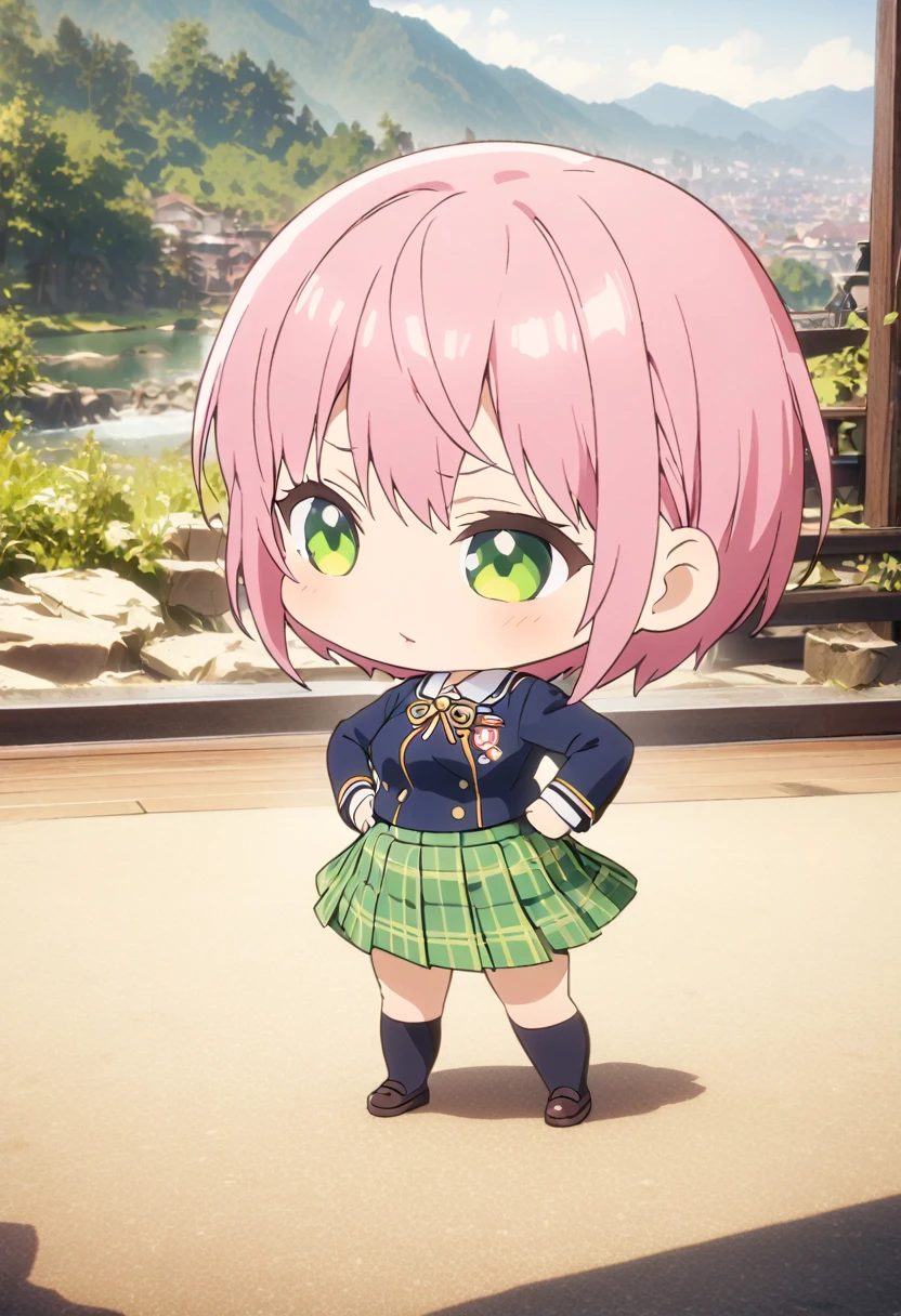 (Highest quality, 4K, 8k, High resolution, masterpiece:1.2), Very detailed, Picturesque, Animated Photography, Photo Animation:1.37)、Japanese schoolgirl、(Pink Hair)、(short hair)、(chibi:1.4),white shirt、Yellow-green checkered skirt,(high scool uniform:1.2)、standing、Hands on Hips、Full body photography、Nakano ichika
