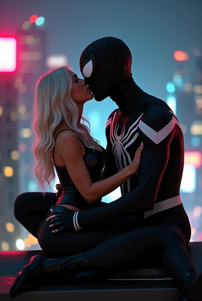 A stunning portrait of Felicia Hardy straddling on top of a muscular Peter Parker in his black suit and white suit, symbiote suit, kissing, French kiss, passionate kiss, she is young and beautiful, her hair is white, she is wearing a black leather body suit unzipped to her belly button, cleavage, sexy, seductive, large breasts, athletic body, narrow waist, wide hips, Spider-Man’s suit is only black and white, he is not wearing his mask, Peter Parker,
Location: location is city rooftop at night. Neon lights
Action: she is sitting on top of him, straddling him, he is grabbing her ass passionately, her breasts are pressed against him.