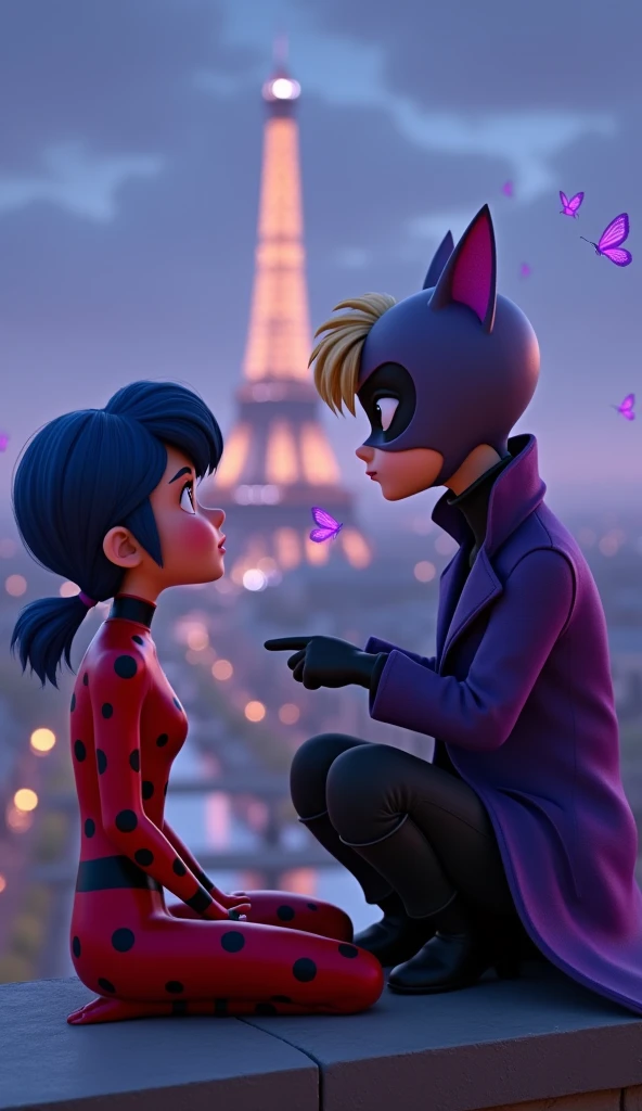 Ladybug (Marinette),teenage girl, blue_hair_color,pigtails_hairstyle,short_hair,wearing her red and black-spotted superhero suit, Depict Cat Noir (Adrien),teenage boy,blond_hairstyle, young boy is a little taller than the young girl,Ladybug and Cat Noir are sitting side by side on the edge of a Parisian rooftop,The Eiffel Tower and the Seine River are visible in the distance,illuminated by moonlight,The rooftop setting should have a soft,intimate atmosphere,When they are sitting, a fierce Hawk Moth comes in front of them, Hawk Moth young boy's father, hawk moth wearing purple and gray mask, long purple coat, black jeans, purple butterflies are flying around him, he has a magic wand in his hand, young boy and young The girl looks at him in surprise,3d animation,disney inspiration,high quality image,8k