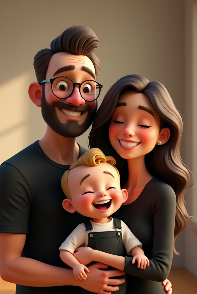Man cartoon characters have fair skin, very very very short almost bald and dark hair, round glasses with a thin beard. He has a happy expression and is wearing a black t-shirt. The baby, who also has fair skin, has short blonde hair. He is wearing black overalls and is barefoot, with a happy expression. The woman, with fair skin, has long, dark brown, wavy hair and is wearing a long-sleeved black blouse. She also has a happy expression and appears to be laughing, creating an atmosphere of relaxation and happiness in the image, an animated character, Stylized Character, animation style rendering, stylized 3D, Arnold Maya Rendering, Stylized 3D Rendering, screenshot toon rendering, 3D Character, 3D Character, Stylized 3D Rendering, 3D Character Rendering, cartoon character, Close up Character, Character Pose, (Pixar Style) (Master part:1.2) (Bokeh) (best quality ) (detailed skin) (detailed texture) (8K) (clay) (cinematic lighting) (sharp focus，Sits and leaks the upper body.