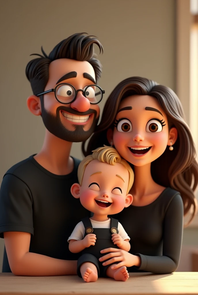 Man cartoon characters have fair skin, very very very short almost bald and dark hair, round glasses with a thin beard. He has a happy expression and is wearing a black t-shirt. The baby, who also has fair skin, has short blonde hair. He is wearing black overalls and is barefoot, with a happy expression. The woman, with fair skin, has long, dark brown, wavy hair and is wearing a long-sleeved black blouse. She also has a happy expression and appears to be laughing, creating an atmosphere of relaxation and happiness in the image, an animated character, Stylized Character, animation style rendering, stylized 3D, Arnold Maya Rendering, Stylized 3D Rendering, screenshot toon rendering, 3D Character, 3D Character, Stylized 3D Rendering, 3D Character Rendering, cartoon character, Close up Character, Character Pose, (Pixar Style) (Master part:1.2) (Bokeh) (best quality ) (detailed skin) (detailed texture) (8K) (clay) (cinematic lighting) (sharp focus,Sits and leaks the upper body.