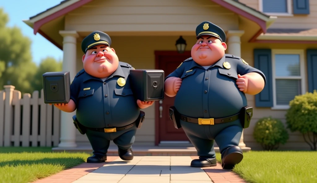Im Stil von Pixar 3D-Animation filmen. Obese police officers carry computer monitors out of a house.