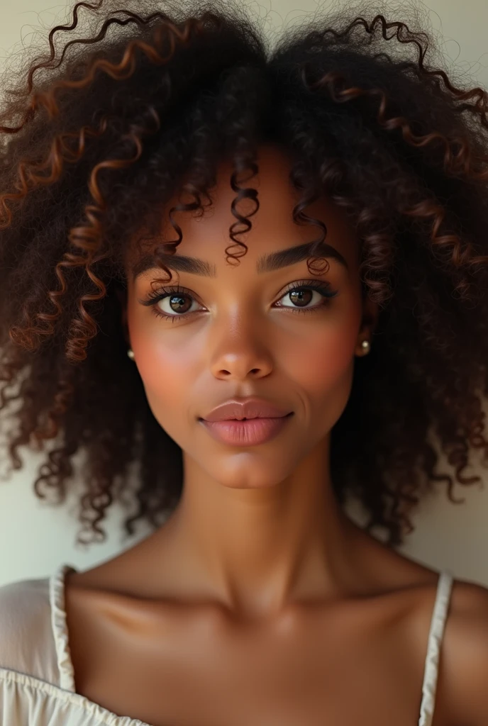 Mixed girl with curly hair with big lips,small nose,fat and facing forward and chubby
