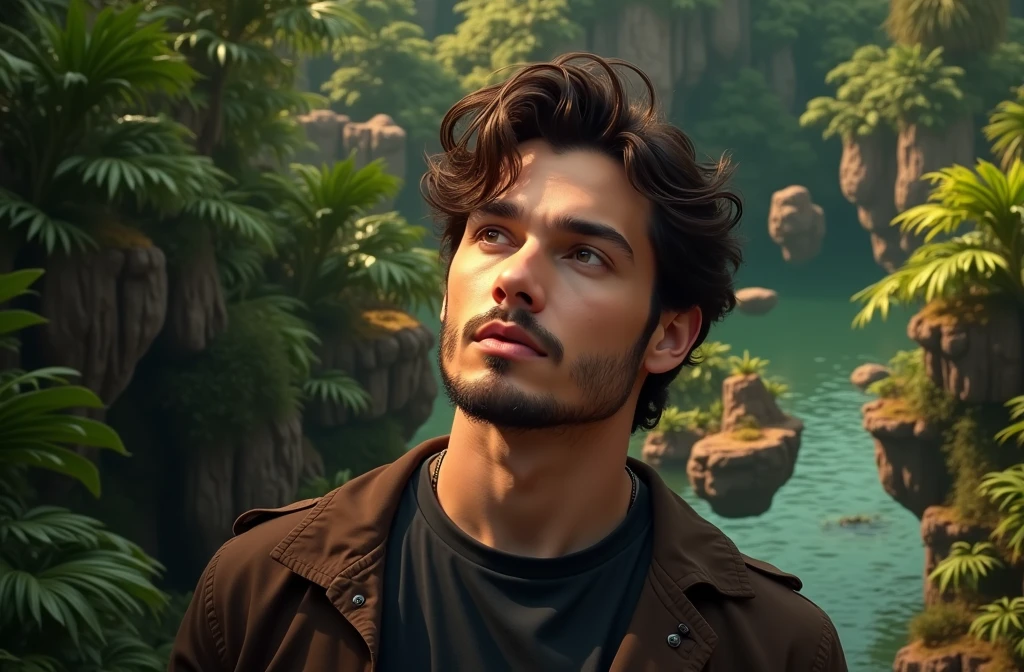 a man in the jungle, highly detailed, surreal dreamscape, lush tropical foliage, floating rocks, fantasy landscape, dramatic lighting, vibrant colors, cinematic composition, photorealistic, 8k, intricate details, masterpiece