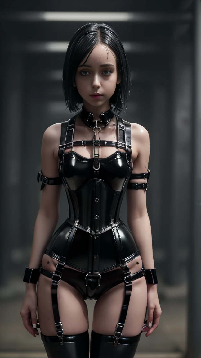 (Young and skinny gothic punk girl, Slender girl, ((Highest quality, 8k, masterpiece: 1.3)), Sharp focus: 1.2, (Beautifully slimmed down: 1.4), (Narrow abdomen: 1.2), (Big Head), (Tight waist: 1.4), (Thigh Gap: 1.6), (Small Hips, Thin thighs, Thin legs: 1.6):1.4), ((Layered Cut: 1.2)), Highly detailed face and skin texture, Detailed eyes, Ponytail hairstyle, (BDSM, slave, Black tight shiny latex harness, belt, buckle, Wet Skin, corset:1.4), (full length)