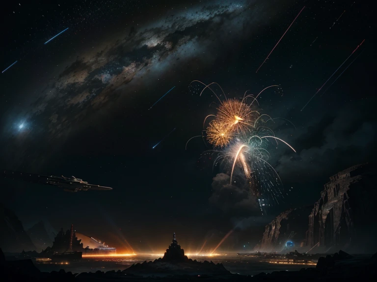 A detailed, cinematic scene of massive, futuristic spaceships engaged in an intense space battle. The ships are equipped with glowing energy weapons, firing bright beams across a dark and vast cosmic backdrop. Powerful explosions light up the scene with vibrant colors, while dramatic lighting highlights the immense scale and mechanical complexity of each vessel. The composition emphasizes the grandness of the battle, with a dynamic sense of motion and action. The spaceships are meticulously detailed, showing intricate designs and realistic textures, all rendered in stunning high resolution (4K, 8K). The color palette shifts across the image, with radiant energy beams, glowing engine trails, and bursts of fiery orange explosions contrasting against the cold blues and deep blacks of space. The photorealistic rendering adds a sense of realism and awe to the epic confrontation.