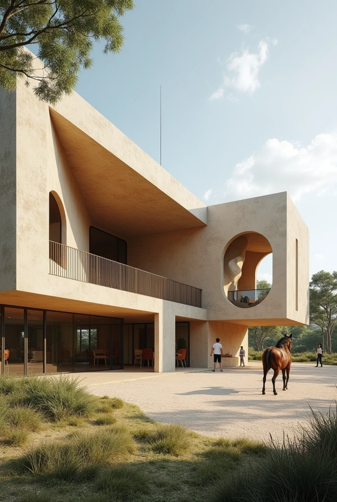 Create an architectural image of an equine therapy center with the characteristics of the works of the architect Carme Pinós on the outside and create the place with more abstract figures with horses and stables, that it looks complete and that the figures and style are not so common, It has to be a place for horses too