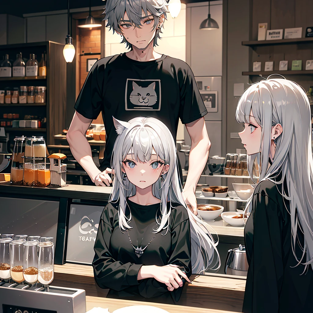 One person, A little light in the eyes, High resolution, Wolf Hair, Grey Hair, Bangs, Triangle earring on left ear, Cat Eyes, Black T-shirt, Left lower lip mole, Drip coffee brewing, Background cafe counter