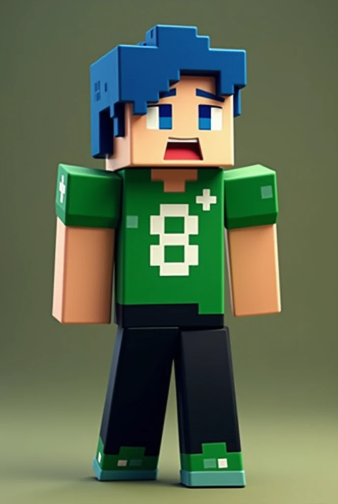 Male minecraft character, Caucasian skin, hair blue, green shirt with a white eight in the middle and two white stars above the eight, black pants, green shoe, minecraft style, posing for a photo to make it square