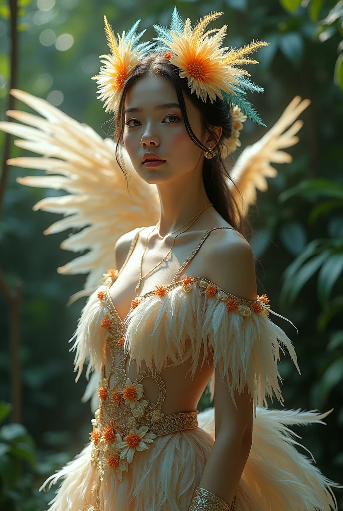 A beautiful woman dressed as a bird