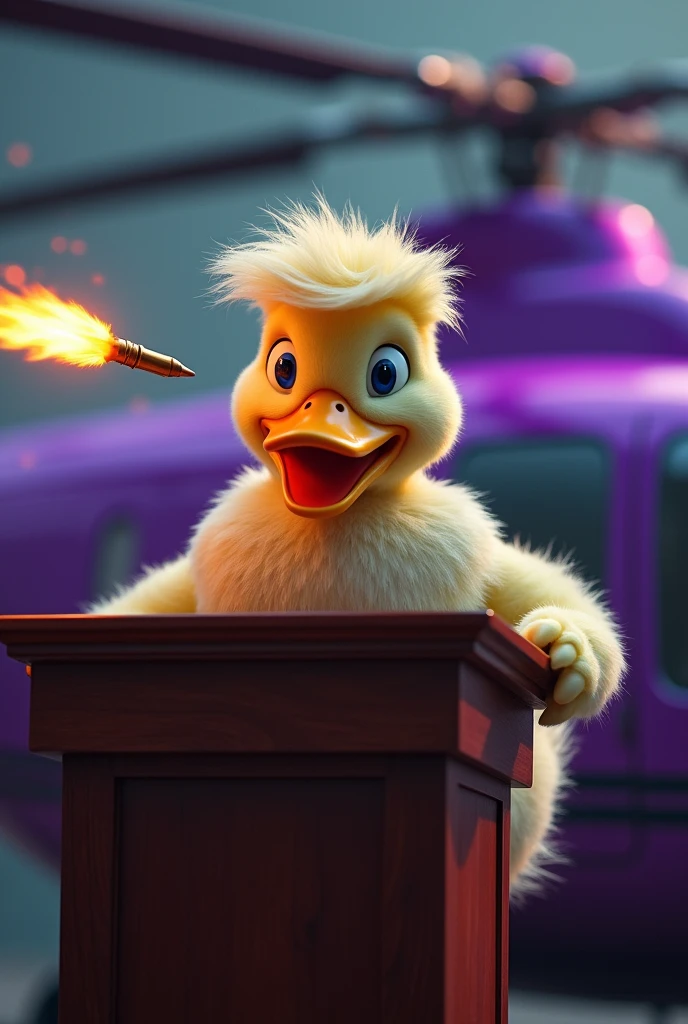 Duck Mafia with Donald Trump's Hairstyle, Soft fur, Standing and speaking behind the podium, The bullet flew past his head., Photo of a purple helicopter in the background
