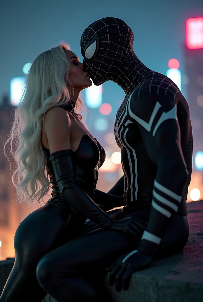 A stunning portrait of Felicia Hardy as the marvel character Black Cat, muscular Peter Parker in his black Spider-Man suit and white suit, symbiote suit, kissing, French kiss, passionate kiss, she is young and beautiful, her hair is white, she is wearing a black leather body suit unzipped to her belly button, cleavage, sexy, seductive, large breasts, athletic body, narrow waist, wide hips, Spider-Man’s suit is only black and white, he is not wearing his mask, Peter Parker,
Location: location is city rooftop at night. Neon lights
Action: she is kneeling in front of him, he is sitting on the edge, he is grabbing her hair passionately, she has her hands on his thighs