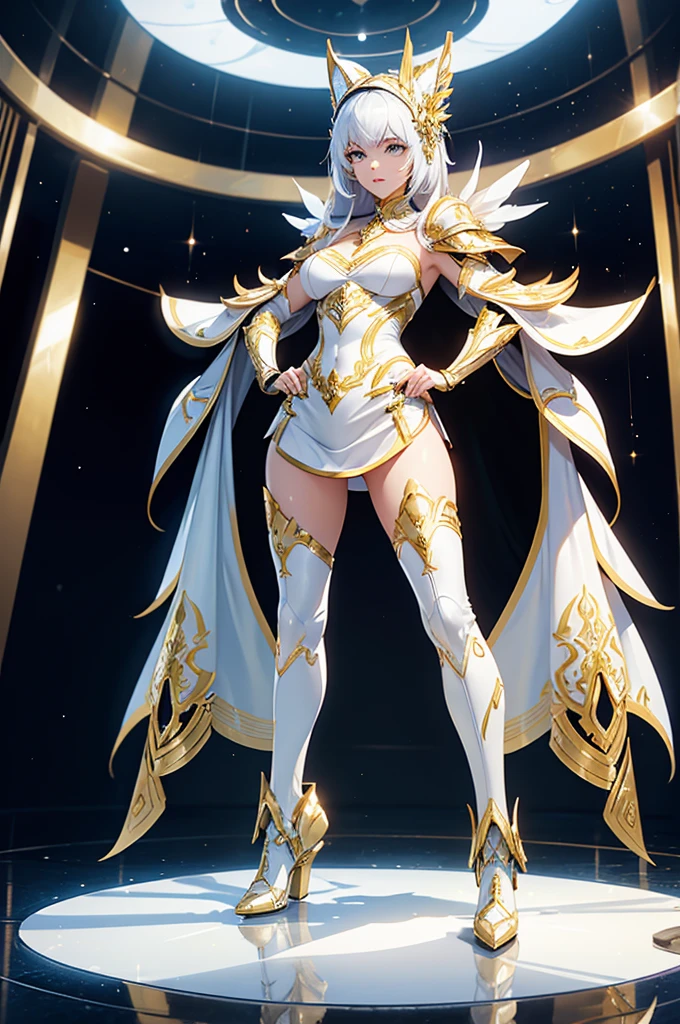 a woman in a white and gold costume standing in a studio, white and gold armor, intricate, heavy, futuristic and elegant, shiny, wears golden cat mask, and golden boots,