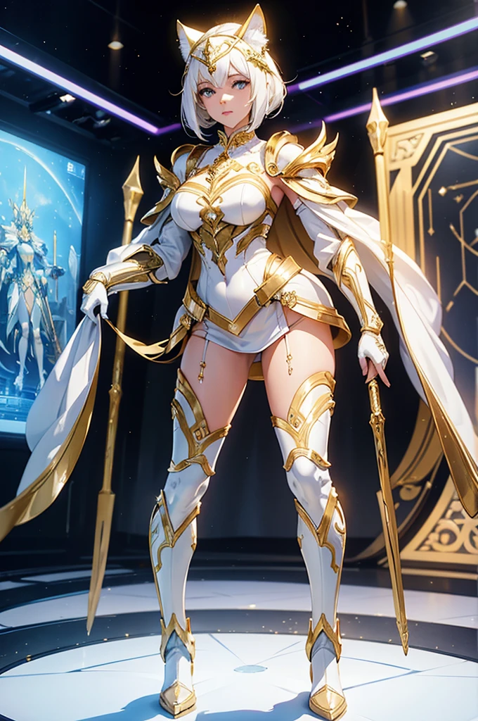 a woman in a white and gold costume standing in a studio, white and gold armor, intricate, heavy, futuristic and elegant, shiny, wears golden cat mask, and golden boots,